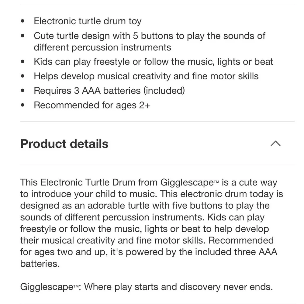 Gigglescape Electronic Turtle Drum Toddler Musical Toy Light Up Percussion